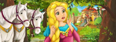 Karikatür doğa sahnesi. Ormanın yakınındaki güzel şato. Güzel genç prenses ve atlar.