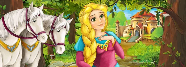 Karikatür doğa sahnesi. Ormanın yakınındaki güzel şato. Güzel genç prenses ve atlar.