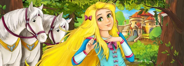 美しい若い王女と馬と森の近くの美しい城と漫画の自然シーン 子供たちのためのイラスト — ストック写真