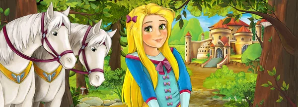 Karikatür doğa sahnesi. Ormanın yakınındaki güzel şato. Güzel genç prenses ve atlar.