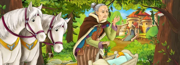 Cartoon Nature Scene Beautiful Castle Forest Old Woman Witch Sorceress — Stock Photo, Image