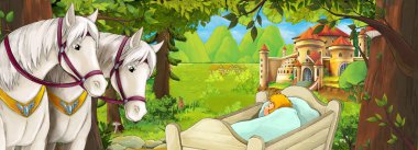 Küçük bebek beşik - illüstrasyon çocuklar için ormanı yakınındaki güzel kale ile çizgi film doğa manzara