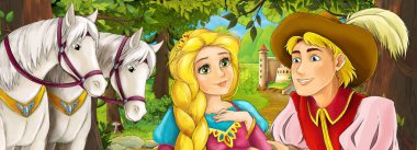 Güzel düğün çifti Prens ve Prenses atları yakınındaki ormanda ve kale içinde belgili tanımlık geçmiş - illüstrasyon çocuklar için çizgi film sahnesi