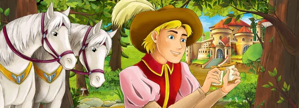 Cartoon nature scene with beautiful castle near the forest with beautiful young prince and horses - illustration for the children
