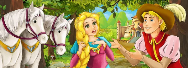 Cartoon Naturszene Mit Wunderschönem Schloss Waldrand Mit Schöner Junger Prinzessin — Stockfoto