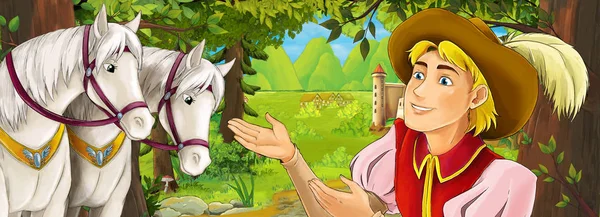 Cartoon Nature Scene Beautiful Castle Forest Beautiful Young Prince Horses — Stock Photo, Image