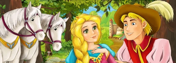 Cartoon Scene Beautiful Wedding Pair Prince Princess Forest Horses Castle — Stock Photo, Image