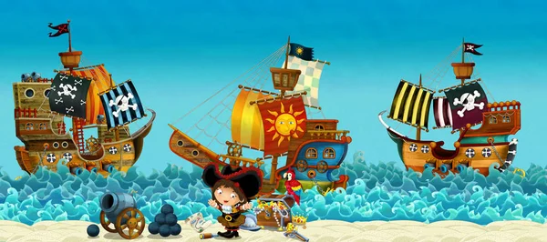 子供のため海または海の海岸と宝箱 海賊船の海賊キャプテン女性 図の近くのビーチの漫画シーン — ストック写真