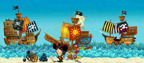 Cartoon Scène Van Een Strand Buurt Van Zee Oceaan Piraat — Stockfoto