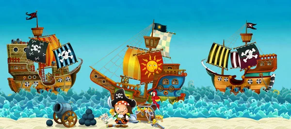 Cartoon Scene Beach Sea Ocean Pirate Captain Shore Treasure Chest — Stock Photo, Image