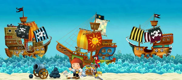 子供のため海または海の海岸と宝箱 海賊船の海賊キャプテン 図の近くのビーチの漫画シーン — ストック写真