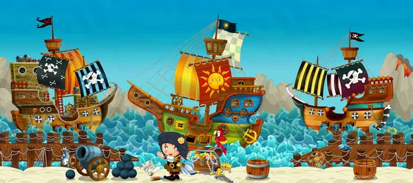 Cartoon Scene Beach Sea Ocean Pirate Captain Woman Shore Treasure — Stock Photo, Image