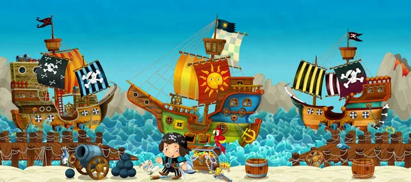 Cartoon Scene Beach Sea Ocean Pirate Captain Shore Treasure Chest — Stock Photo, Image