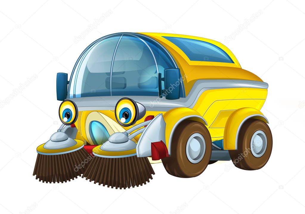 Cartoon funny and happy looking cistern truck street cleaner on white background - illustration for children