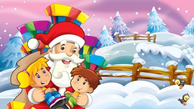 çizgi film kar sahne illüstrasyon çocuklar için Noel Baba ve çocuklar-