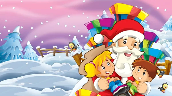 Cartoon Schneeszene Mit Weihnachtsmann Und Kindern Illustration Für Kinder — Stockfoto