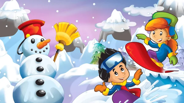 Cartoon Winter Nature Scene Happy Snowman Kids Snowboard Illustration Children — Stock Photo, Image