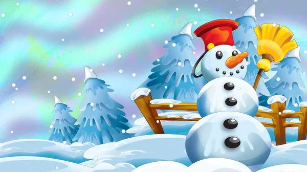 Мультяшна Зимова Сцена Природи Щасливим Сніговиком Ілюстрація Дітей — стокове фото