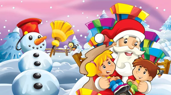 Escena Nieve Dibujos Animados Con Santa Claus Niños Ilustración Para — Foto de Stock