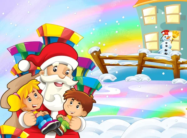 Escena Nieve Dibujos Animados Con Santa Claus Niños Ilustración Para — Foto de Stock