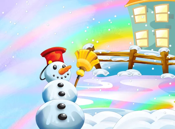 Cartoon Winter Nature Scene Happy Snowman Illustration Children — Stock Photo, Image