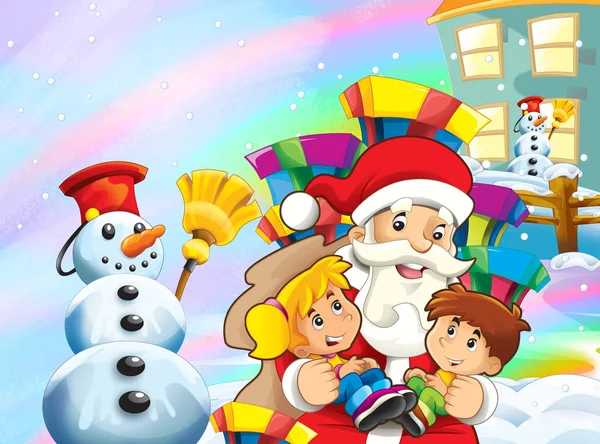 Tecknad Snow Scen Med Jultomten Och Kids Illustration För Barn — Stockfoto