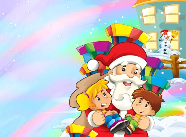 Kreskówka Śnieg Sceny Santa Claus Dzieci Ilustracja Dla Dzieci — Zdjęcie stockowe