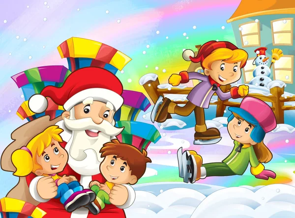 cartoon snow scene with santa claus and kids having fun on ice skates - illustration for children