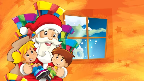 卡通场景与圣诞老人和孩子们等待礼物和装饰圣诞树 插图为孩子们 — 图库照片