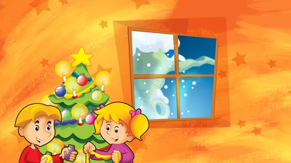 Escena Dibujos Animados Con Niños Decorando Árbol Navidad Ilustración Para — Foto de Stock