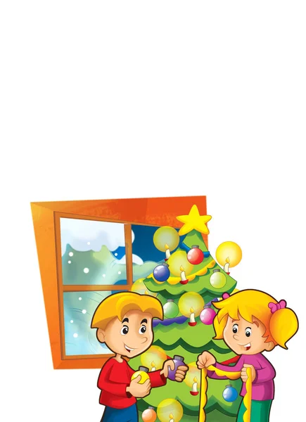 Cartoon Scene Kids Decorating Christmas Tree White Background Illustration Children — Stock Photo, Image