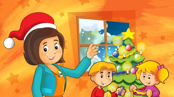 Escena Dibujos Animados Con Niños Decorando Árbol Navidad Con Madre — Foto de Stock
