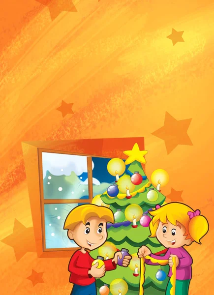 Cartoon Scene Kids Decorating Christmas Tree Room Illustration Children — Stock Photo, Image