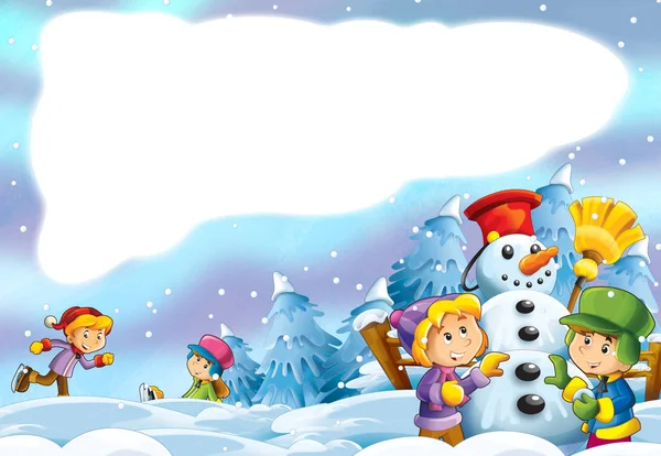 cartoon snow scene with snowman and kids with frame space for text - illustration for children