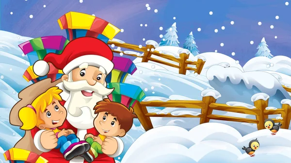 Σκηνή Χιόνι Γελοιογραφία Τον Άγιο Βασίλη Και Παιδιά Εικονογράφησης Για — Φωτογραφία Αρχείου