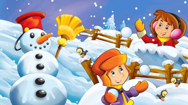 Cartoon Winter Scene Kids Playing Snow Fight Snowman Illustration Children — Stock Photo, Image