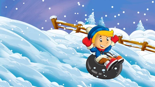 Cartoon Winterszene Mit Gleitendem Jungen Illustration Für Kinder — Stockfoto