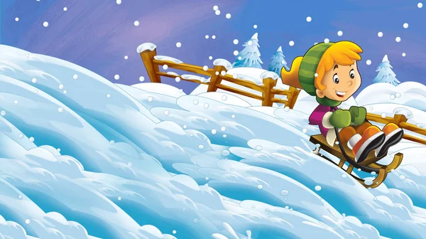 Escena Invierno Dibujos Animados Con Chica Deslizante Ilustración Para Niños —  Fotos de Stock