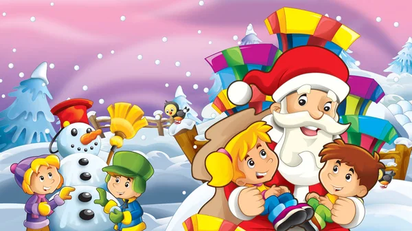 Cartoon Snow Scene Santa Claus Snowman Kids Illustration Children — Stock Photo, Image