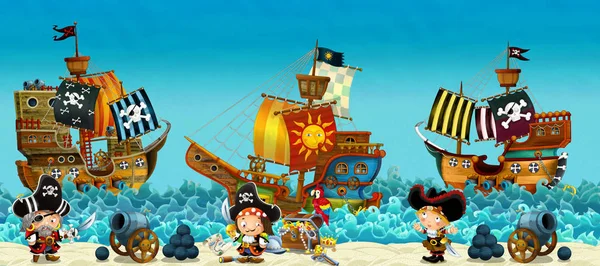 海滩附近的海滩或海洋的动画片场面 海盗船长在岸上和珍宝箱子 海盗船 例证为孩子 — 图库照片