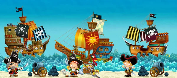 Scène Bande Dessinée Plage Près Mer Océan Capitaines Pirates Sur — Photo