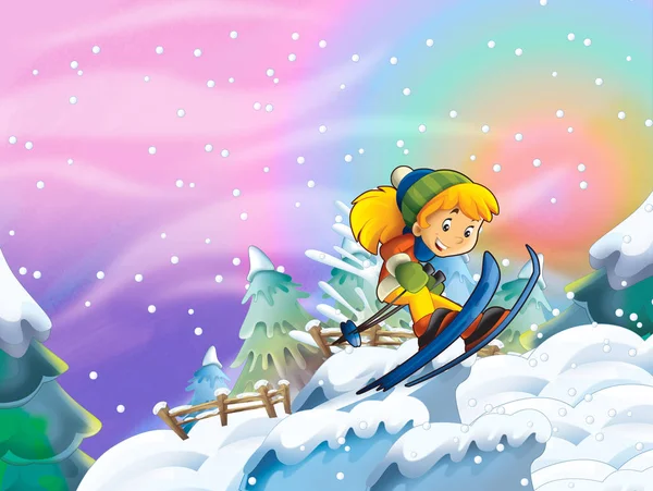 Dibujos Animados Invierno Escena Naturaleza Con Niña Feliz Esquí Ilustración —  Fotos de Stock