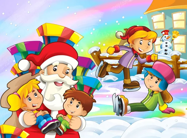 cartoon snow scene with santa claus with kids and another skiing - illustration for children