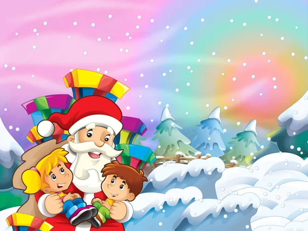 Мультфильм Снег Сцена Санта Клаусом Детьми Иллюстрация Детей — стоковое фото