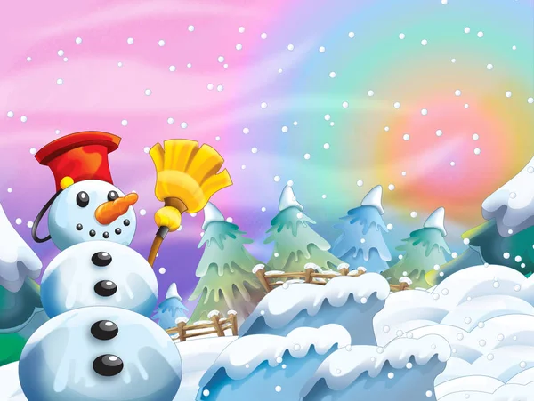 Rajzfilm Téli Természet Jelenet Boldog Hóember Illusztrációja Gyermekeknek — Stock Fotó