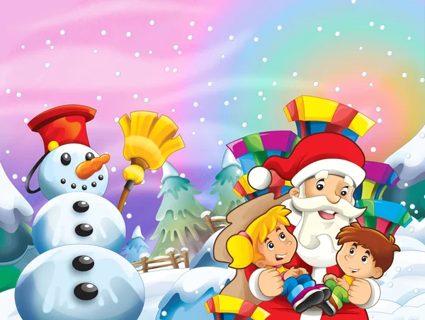 Escena Nieve Dibujos Animados Con Santa Claus Niños Ilustración Para —  Fotos de Stock