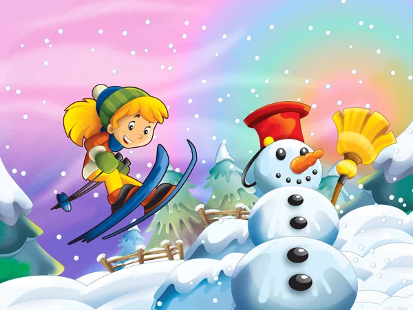 Cartoon Winter Nature Scene Happy Snowman Child Girl Skiing Illustration — Stock Photo, Image