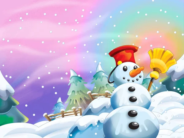 Cartoon Winter Natuur Scène Met Gelukkig Sneeuwpop Illustratie Voor Kinderen — Stockfoto