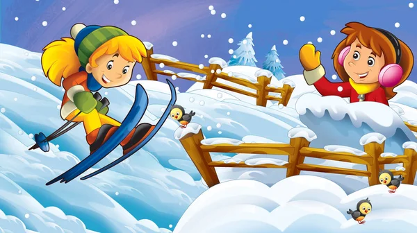Cartoon Vinter Natur Scen Med Glada Barn Flicka Skidåkning Illustration — Stockfoto
