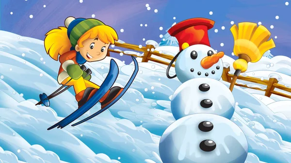 Γελοιογραφία Χειμώνας Φύση Σκηνή Χαρούμενος Χιονάνθρωπος Και Παιδί Κορίτσι Σκι — Φωτογραφία Αρχείου